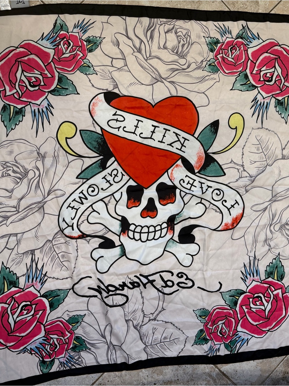 Ed Hardy Red Heart & Skull Bandana with Pink Roses